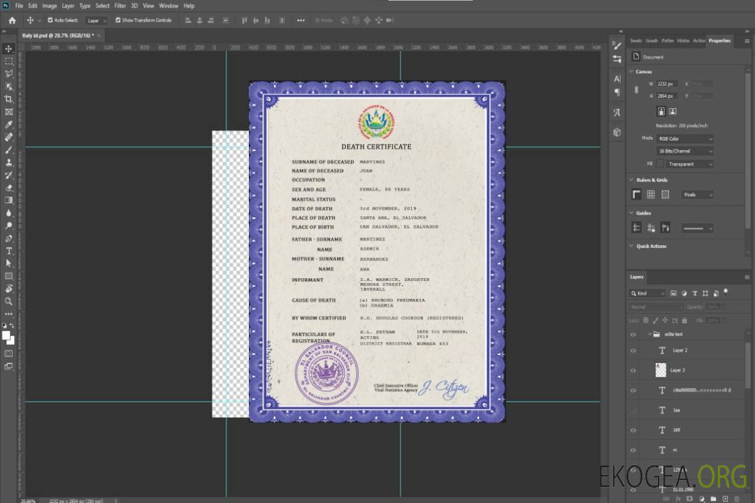 Modèle PSD de certificat de décès de l'état civil du Salvador template